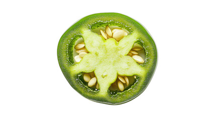 Fresh slices of green chili piece closeup  isolated on white, showcasing healthy, raw vegetarian food ingredients.