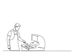 BBQ Grill Meat Cooking in single outline illustration. Continuous line art drawing of man preparing barbecue.
