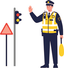 An illustration of a police officer wearing a reflective vest, raising a hand to control traffic at a crosswalk. A stop sign is beside him.

