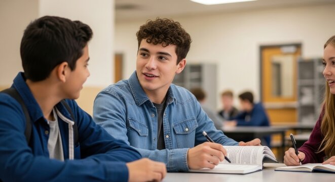 Diverse group of young students studying and collaborating in classroom setting