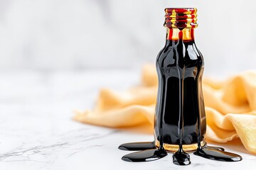 Small bottle of dark syrup, dripping onto a light surface