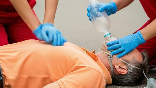 Paramedics administer cardiopulmonary resuscitation to a senior man lying on the ground, providing oxygen and chest compressions in a medical emergency