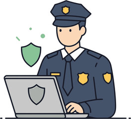 An illustration of a uniformed police officer working on a laptop, with a security shield icon displayed on the screen.

