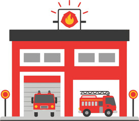 This is a flat-style illustration of a red fire station building with a fire truck parked in front.