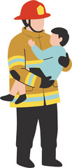 An illustration of a firefighter holding a rescued child, depicting an emotional rescue scene

