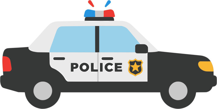 A side-view illustration of a black police car with flashing sirens

