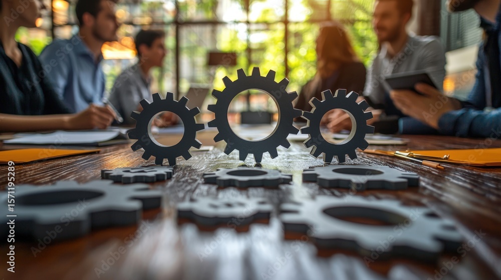 Poster collaborative team meeting with interconnected gears symbolizing innovation and teamwork