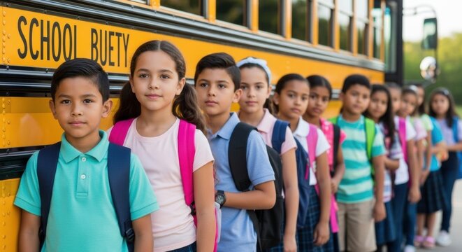 Diverse group of young hispanic children lining up by school bus - Powered by Adobe