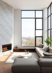 Modern living room interior with couch and fireplace window mockup empty wall Empty room interior design architecture blank design room