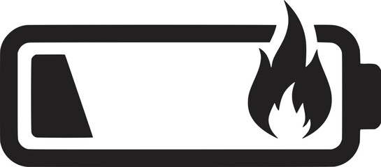 An illustration of a battery with low charge, lightning bolt, and flame icon indicating battery explosion or overheating warning