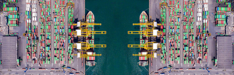 Aerial top view over international cargo ship at industrial import-export port prepare to load...