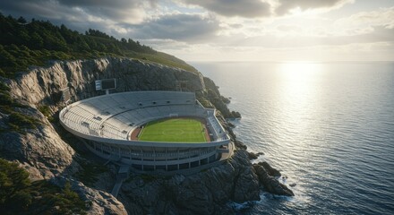 Coastal stadium perched on a dramatic cliff overlooking the ocean