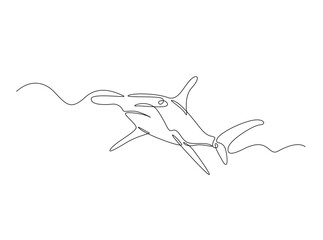 Hammerhead shark fish in single outline illustration. Continuous line art drawing of Hammerhead shark.