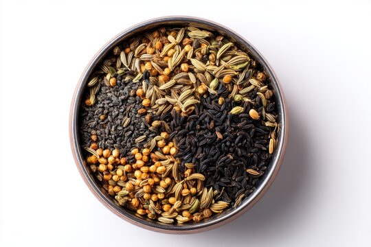 Panch phoron a five spice blend from India and Bengal contains fenugreek fennel cumin mustard and onion seeds presented in a bowl against a white background
