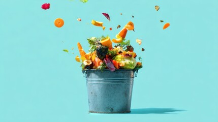 The vibrant bucket overflowing with colorful vegetable scraps and waste