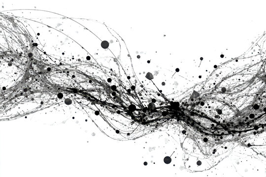 Abstract black and gray ink splashes and lines flowing across a white background