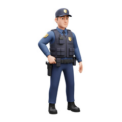 This image features 3D-style police officer characters in various roles.