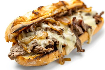 A close-up of a delicious Philly cheesesteak sandwich on a white background