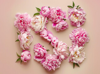 Beautiful natural pink peonies on a pastel beige background
