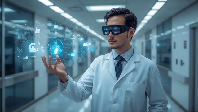 High tech medical concept: artificial intelligence in healthcare - doctor reviewing patient data through holographic interface with AR tech