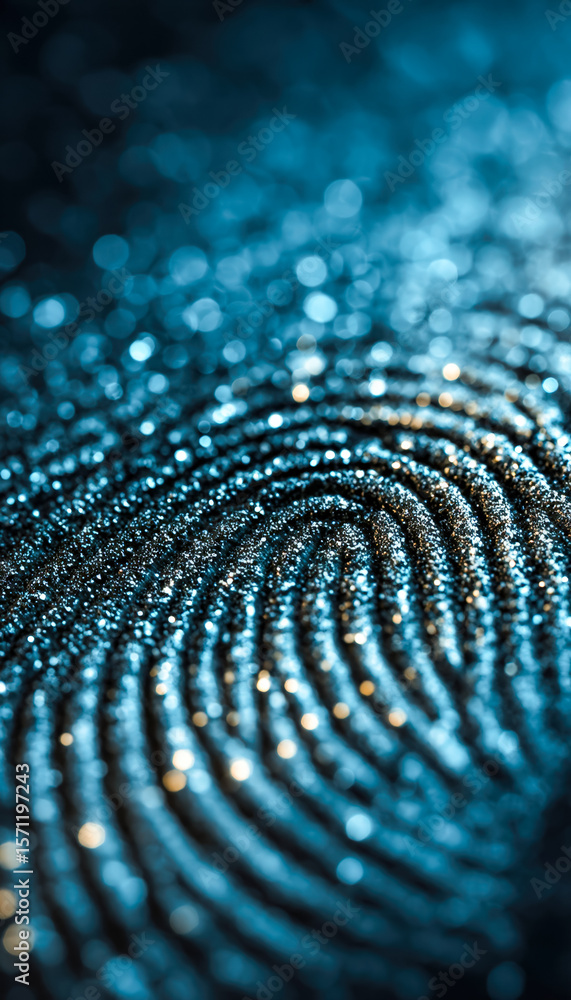 Poster close-up of a shimmering fingerprint with illuminated details in a dark setting
