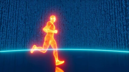 Abstract digital runner with binary code background, visualizing data flow for fitness technology - Powered by Adobe