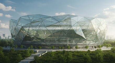 Fototapeta premium Modern, glass-faceted stadium, surrounded by greenery and cityscape