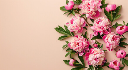 Beautiful natural pink peonies on a pastel beige background
