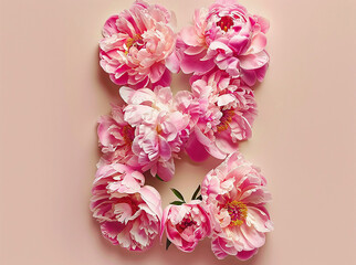 Beautiful natural pink peonies on a pastel beige background