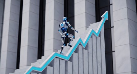 A robot ascends stairs shaped like an upward trending arrow