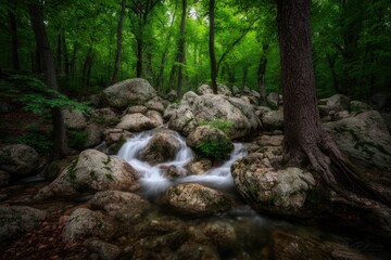 Obraz premium Forest stream cascading over rocks. Lush greenery surrounds a rocky creek bed. Sunlight filters through the trees