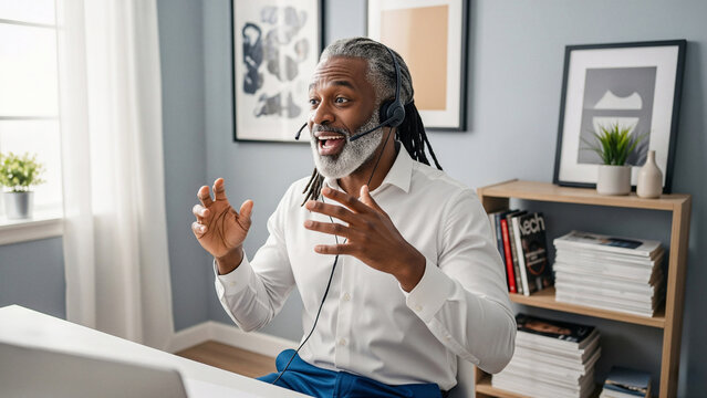 Elderly man with headset speaking during video call, conducting virtual meeting or online conference from home, remote work communication in modern home office, professional workspace concept