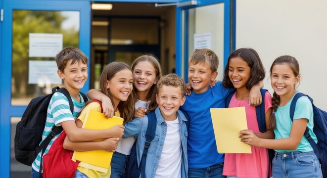 Happy group of diverse children with backpacks hugging at school entrance