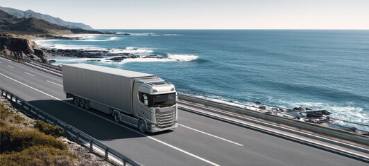 The truck navigating a scenic coastal highway beside the open ocean.