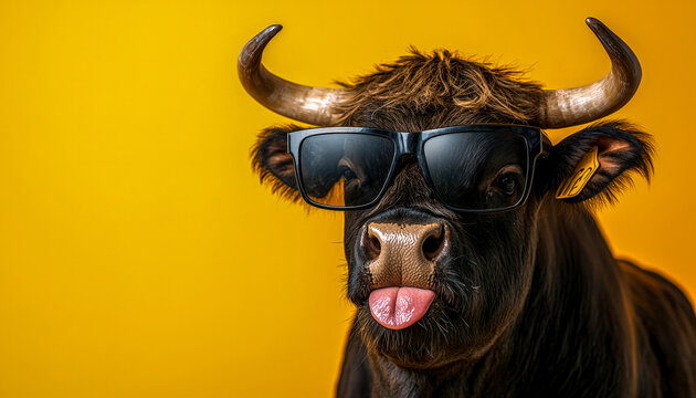Playful bull wearing stylish sunglasses against a vibrant yellow background