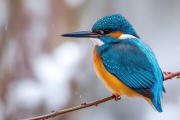Fototapeta premium A common kingfisher perches on a slender reed branch in winter Close up shot