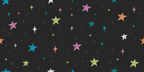 Fototapeta premium Chalk stars seamless pattern. Starry Christmas night sky with pastel hand drawn color crayon stars on dark background. Vector magic space or universe sketch texture for childish nursery wallpaper
