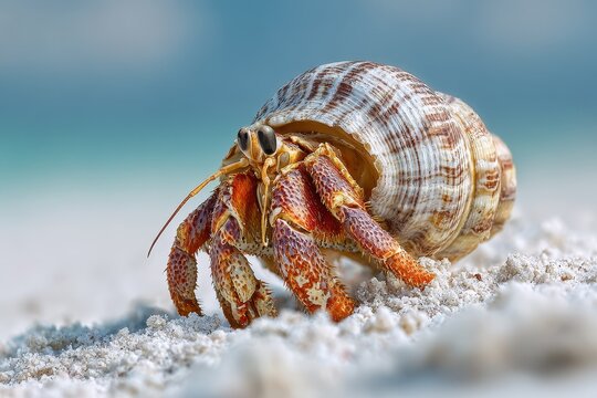 A detailed view of a hermit crab on white sand
