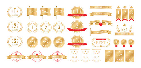 Ranking icon. Golden ranking badges and banners with number 1, 2 and 3 champion ranks. Trophy award winner labels for premium tournament, achievement, competition, product quality. Vector elements