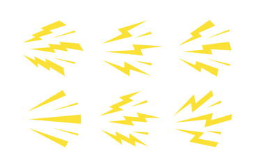 Thunderbolt shock cartoon icons. Yellow lightning burst, shouting, noise and loud sound symbols. Energetic comic electric flashes for action, power, speed, and danger effects. Isolated vector set