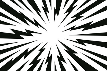 Speed line lightning background. Black jagged lightning rays radiating from center. Explosive speed, shock, motion and intense energy impact. Comic action scenes, game graphics. Vector backdrop