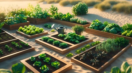 Wooden Raised Garden Beds Filled with Fresh Produce.