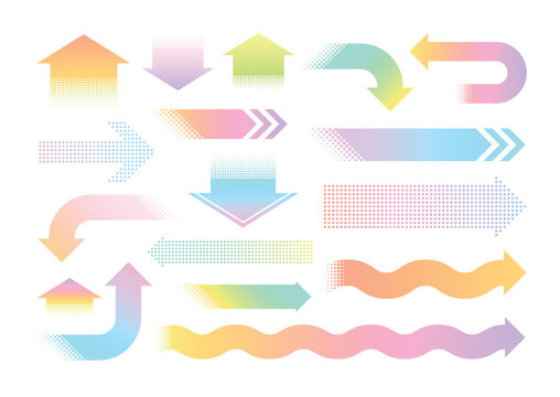 Halftone arrows. Colorful pastel gradient arrows in various directions. Abstract flow, process, navigation and infographic elements with halftone texture for UI, presentations. Isolated vector set