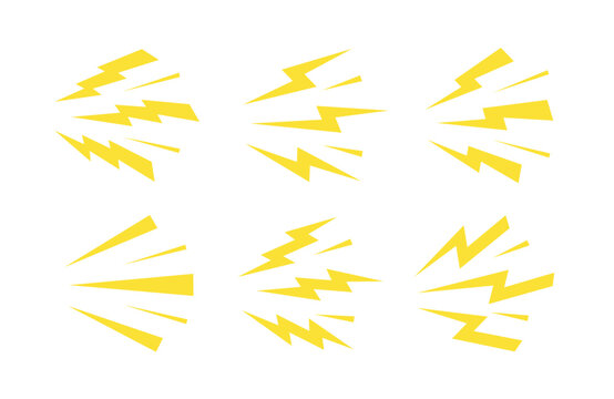 Thunderbolt shock cartoon icons. Yellow lightning burst, shouting, noise and loud sound symbols. Energetic comic electric flashes for action, power, speed, and danger effects. Isolated vector set