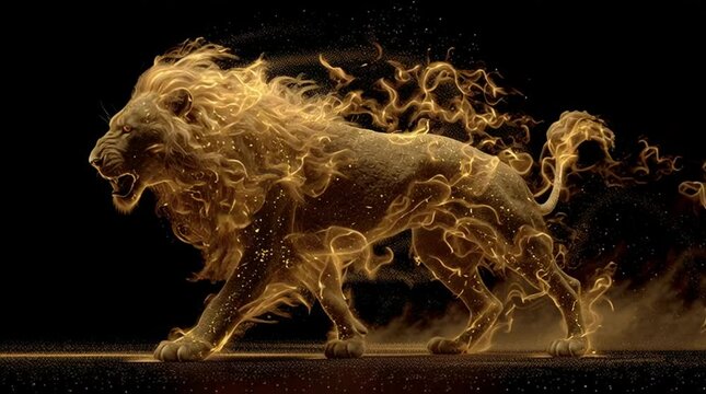 Roaring lion made of golden fire embodies fierce Leo zodiac energy in a dramatic display