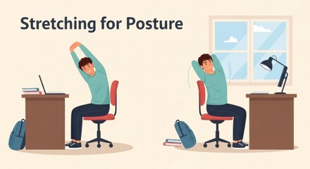 Male caucasian young adult stretching exercises for better posture at desk
