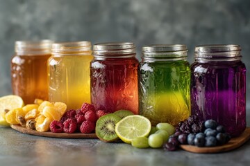 Rainbow themed fruit kombucha Homemade fermented tea with various flavors Healthy probiotic beverage LGBT