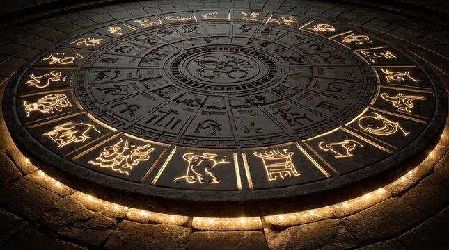 Zodiac symbols carved in glowing stone create a mystical circular formation in an ancient temple setting