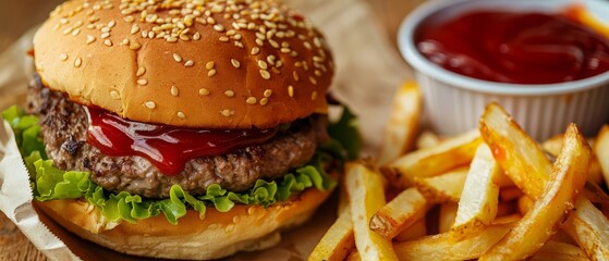 A close-up view of a hamburger with fries and ketchup, showcasing delicious fast food details,.