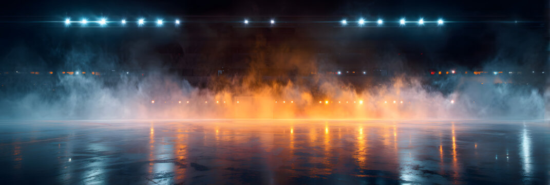 A dramatic view of a hockey rink featuring smoke effects and vibrant lighting.